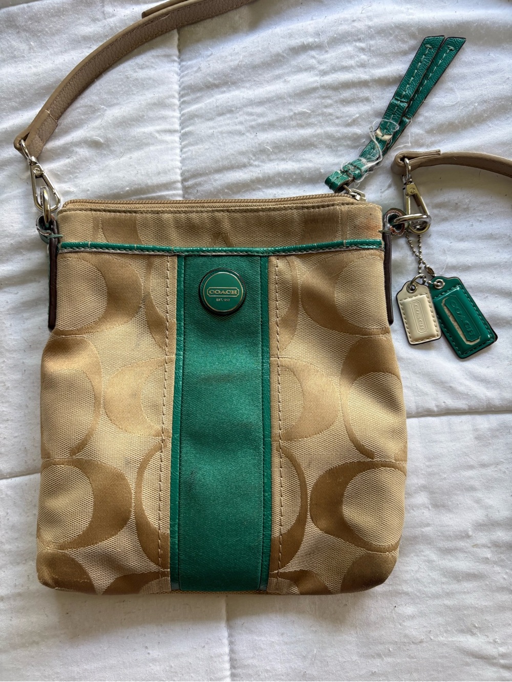 Coach Vintage Tan Signature Monogram Canvas Crossbody in Emerald Teal and Tan